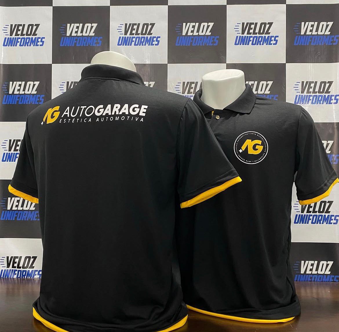 Polo preta e amarela AutoGarage uniforme mecânica